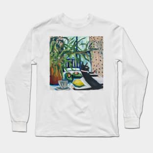 Cat on table Avocado Lemon and Plant in a Pot Long Sleeve T-Shirt